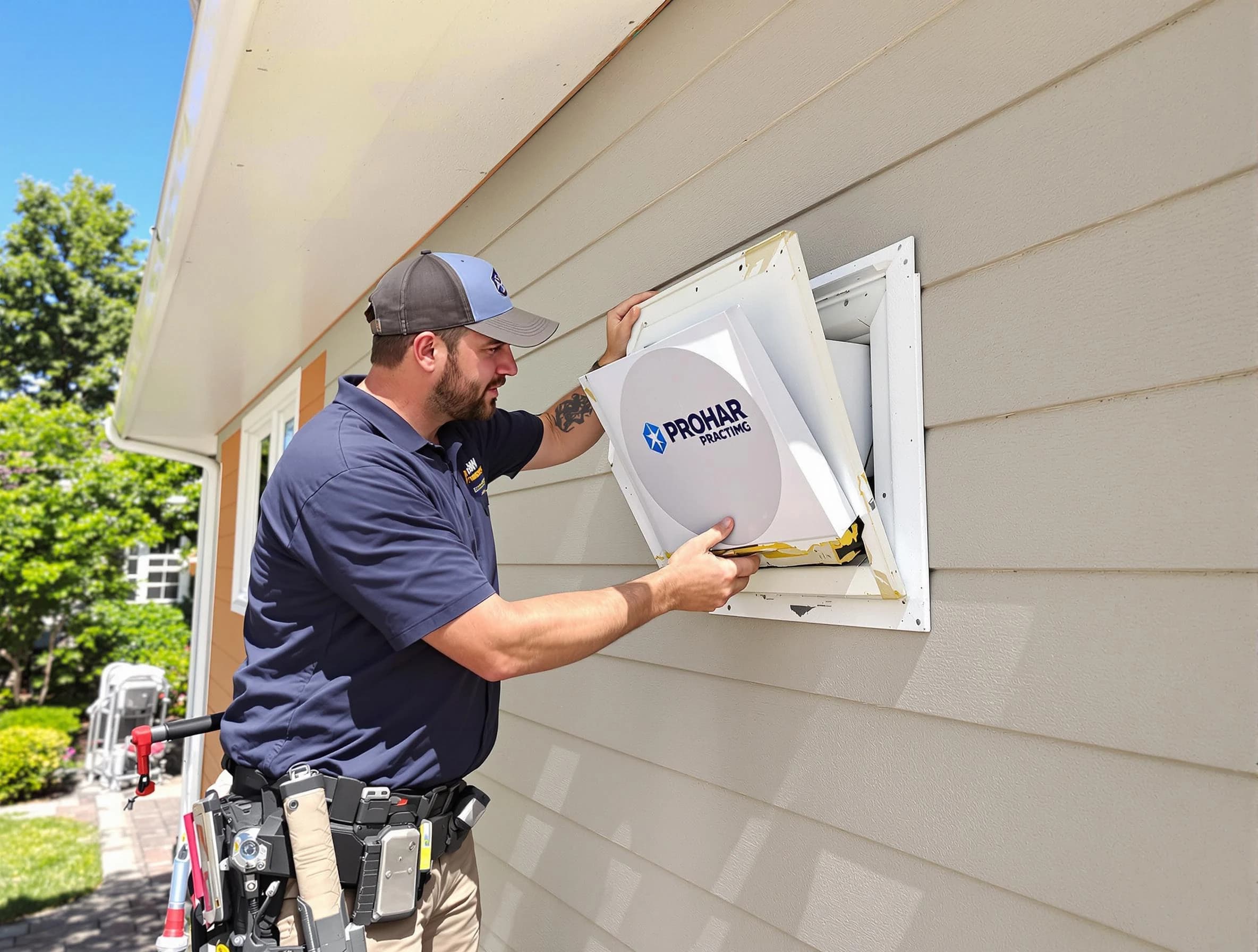 Nichols Hills Dryer Vent Cleaning technician installing a new protective dryer vent cover on a home in Nichols Hills