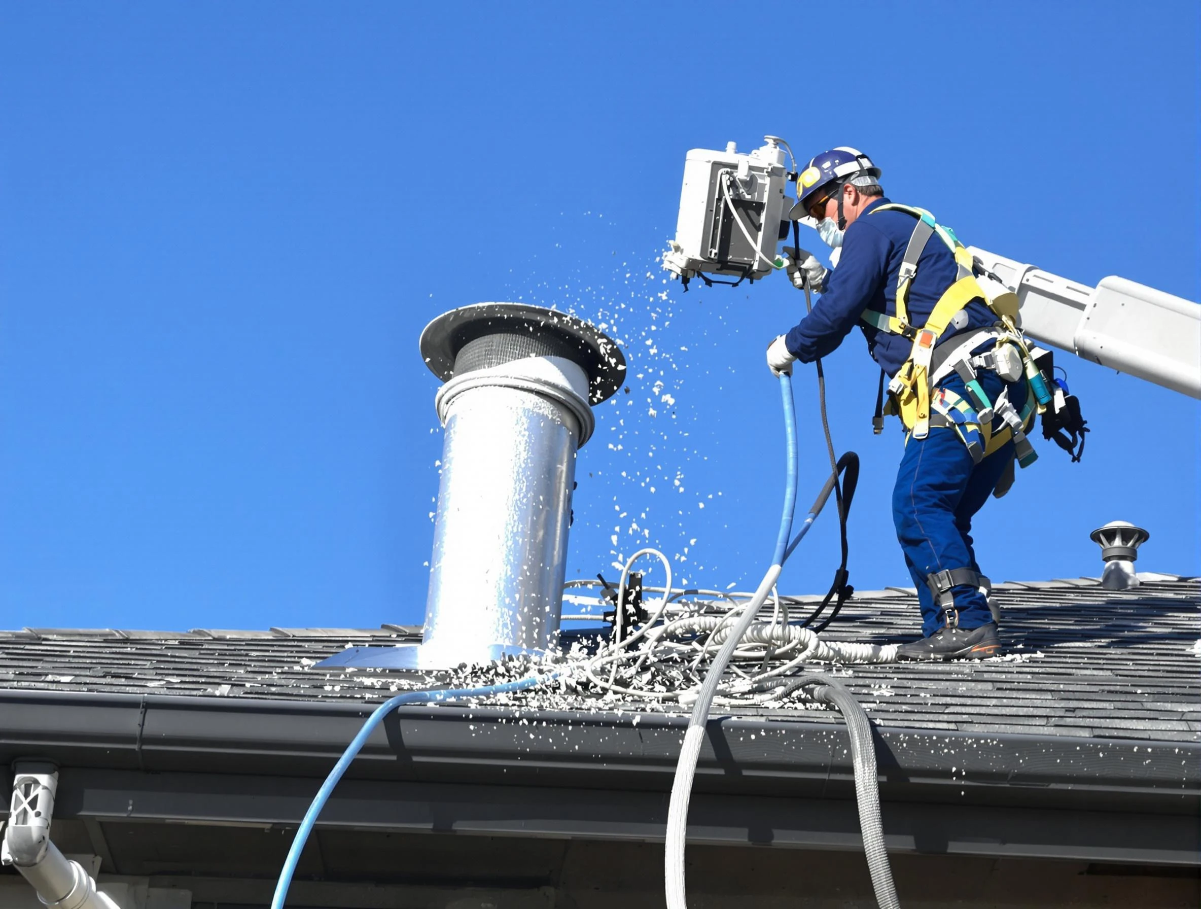 Nichols Hills Dryer Vent Cleaning certified technician safely cleaning a roof-mounted dryer vent in Nichols Hills